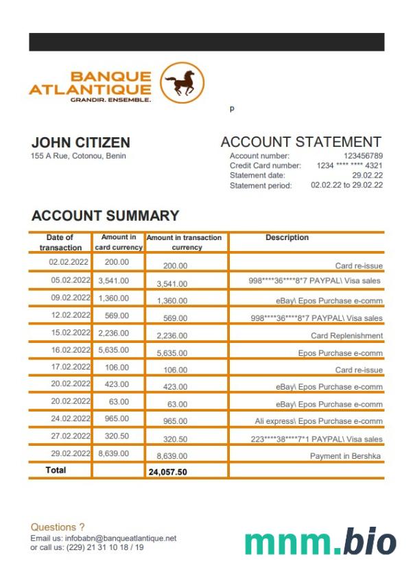 Szablon wyciągu bankowego Benin Banque Atlantique w formacie Word i PDF